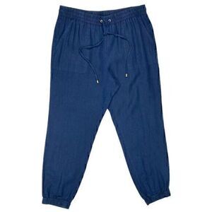 Ellen Tracy Linen Pants Women L Blue Elastic Waistband Pockets Drawstring Jogger